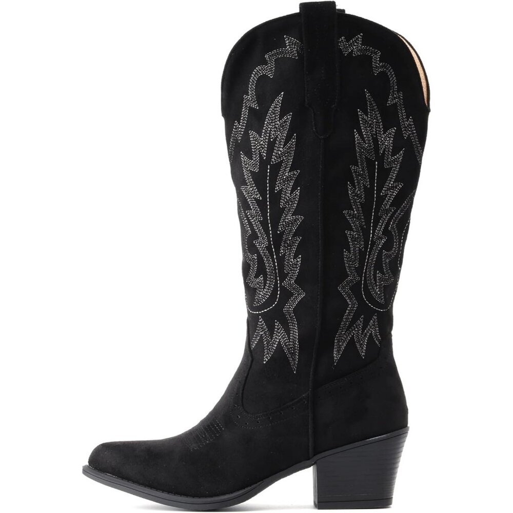 Women's Black IUV Cowboy Boots Western Mid Calf Snip Toe Heel Cowgirl Boots - Picture 3 of 6
